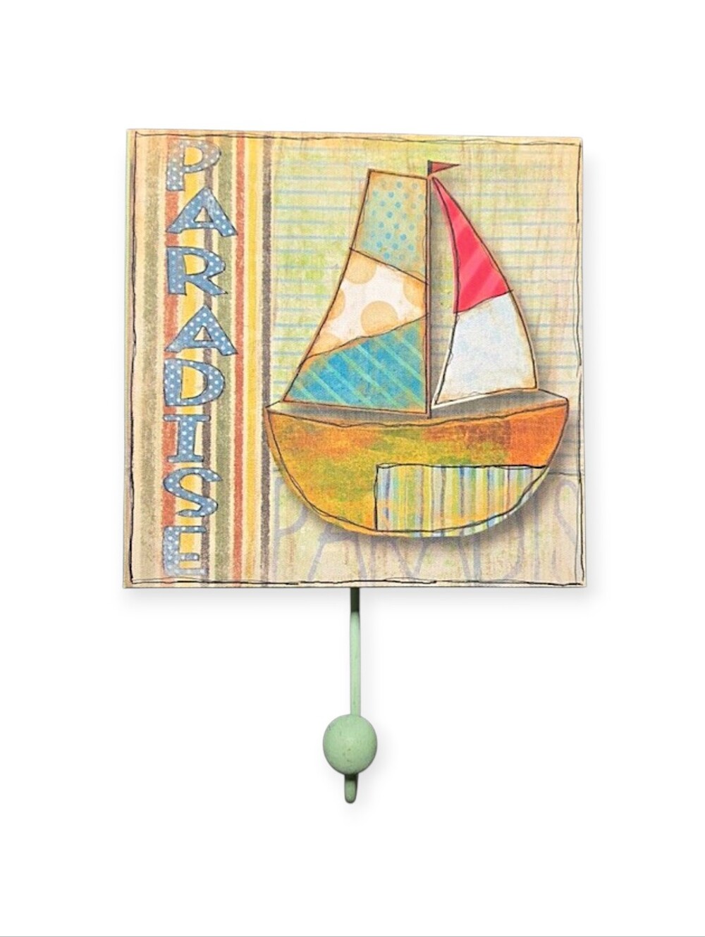 Whimsical Mixed Media Sailboat Wall Hook - "Paradise" Folk Art
